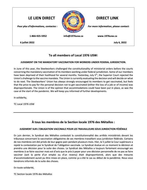 JUGEMENT SUR L'OBLIGATION VACCINALE POUR LES TRAVAILLEURS SOUS JURIDICTION FÉDÉRALE